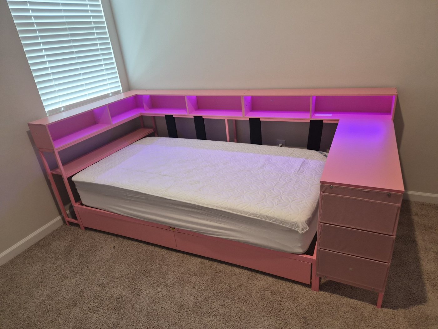 Pink storage bed assembly
